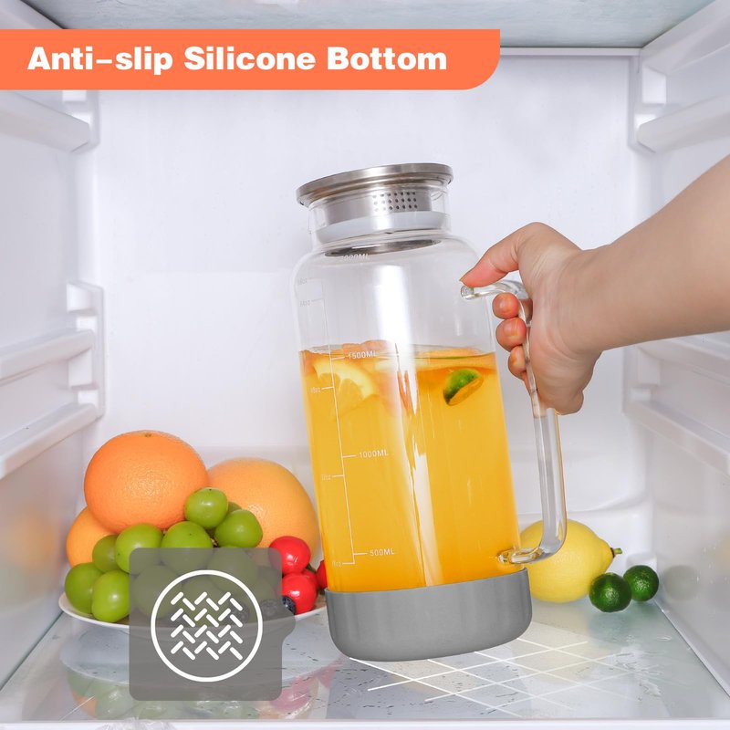 Aofmee 68oz Glass Pitcher with Lid, 2 Liter Water Carafe with Silicone Base and Precise Scale Line, Ice Tea Pitcher for Fridge, Anti-Slip Glass Jug for Sun Tea Juice Coffee Milk Beverage (Gray)