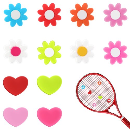 BOHUIZ 12Pcs Tennis Vibration Dampener, Tennis Racket Shock Absorbers Colorful Flower and Heart-Shaped Silicone Dampener for Tennis Racquet String Dampener