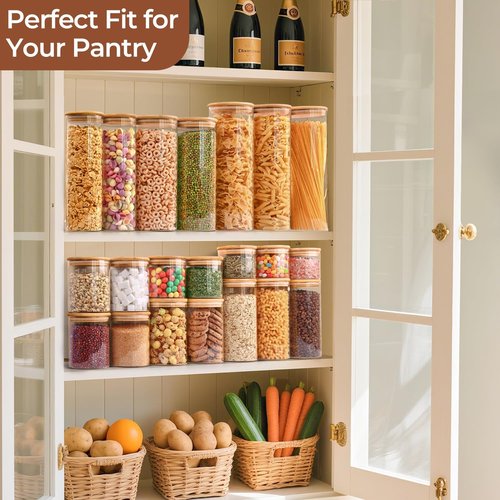 ComSaf Glass Pasta Storage Container Set - 2 Qt Airtight Jars with Wood Lids | Clear Kitchen Pantry Organization