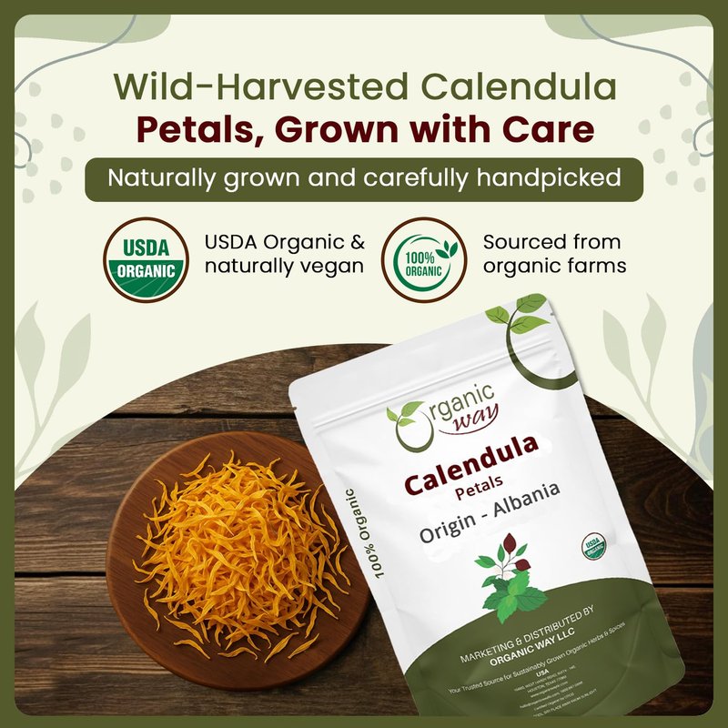 Organic Way Dried Calendula Flower Petals | Herbal Tea (Calendula officinalis) - European Wild-Harvest | Organic & Kosher Certified | Non GMO & Gluten Free | USDA Certified - Origin - Albania (2Oz)