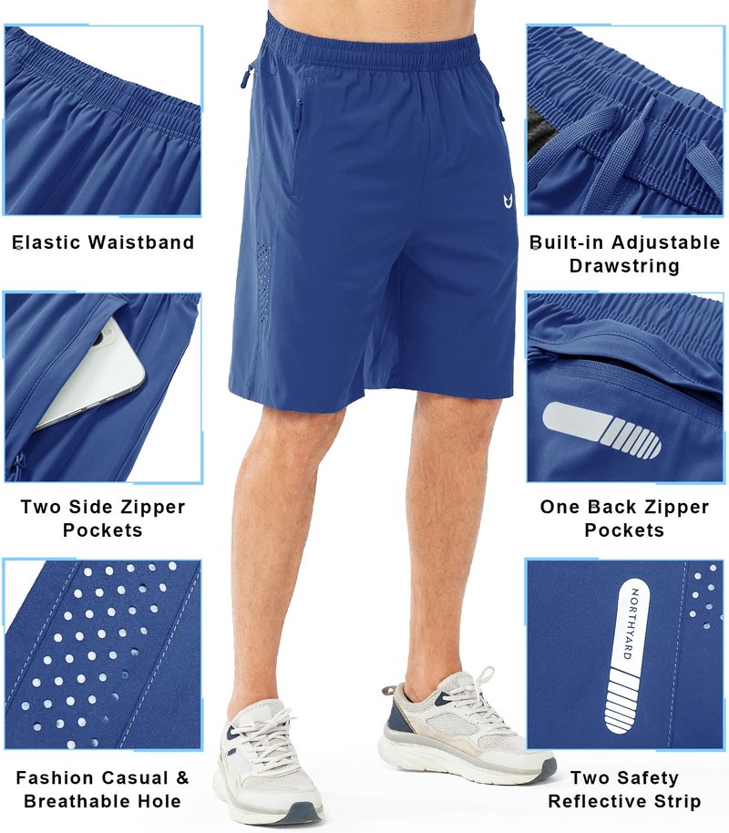 NORTHYARD Men's Athletic Running Shorts Gym Workout 7"/9"/5" Quick Dry Lightweight Sports Basketball Tennis 3 Zipper Pockets ROYALBLUE-9inch 2XL