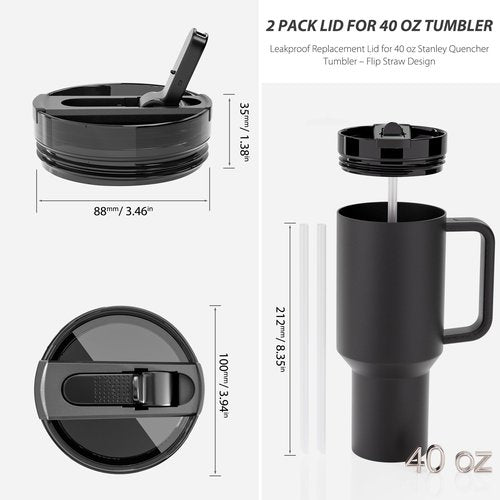 CeleVista 2 Pack 40 oz Flip Straw Lid for STANLEY Quencher ProTour and H2.0 FlowState Tumbler(Only for STANLEY Tumbler), Leakproof Lid, No Spill & Easy to Use Reusable Cover (Black)
