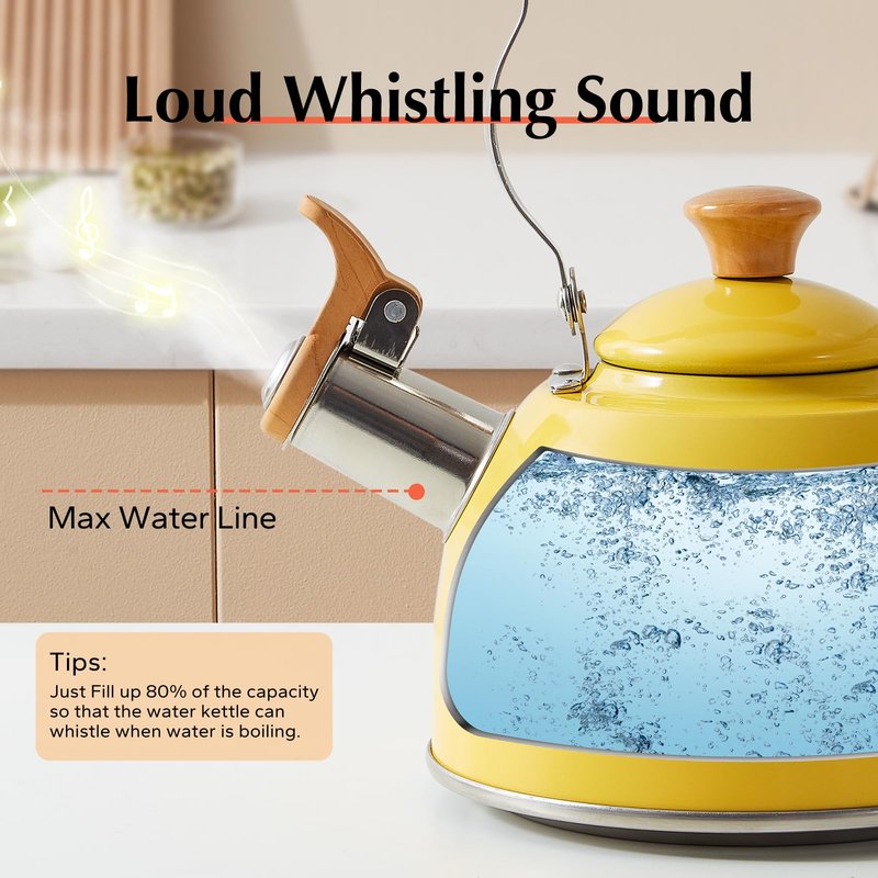 ROCKURWOK Tea Kettle, Tea Pot with Cool Touch Ergonomic Handle, Teapot Food Grade Stainless Steel, Tea Kettle Stovetop, Kettle Teapot, Whistling Tea Kettle, Small Tea Kettles, 1.6 Quart (Yellow)