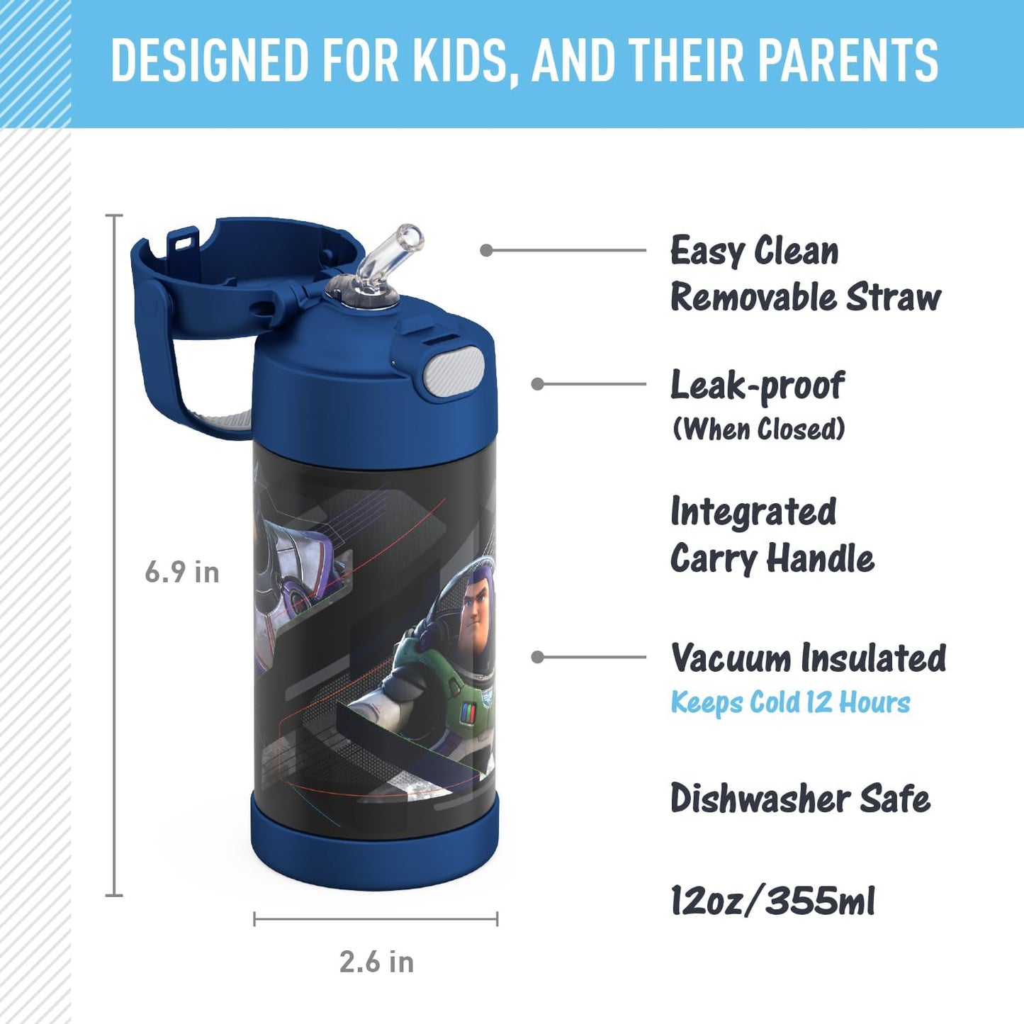 THERMOS FUNTAINER Water Bottle - 12 Ounce Stainless Steel Vacuum Insulated Kids Bottle with Straw | Lightyear Design