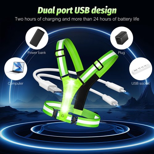 Cabbqiu LED Reflective Running Vest - Light Up With 3 Modes, Rechargeable Night Gear for Runners - Safety Belt for Women Men (GREEN)