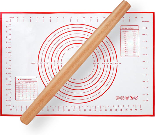 QUELLANCE Wooden Rolling Pin - Beech Wood Dough Roller with Silicone Baking Mat | Perfect for Pizza, Pastries, and Cookies