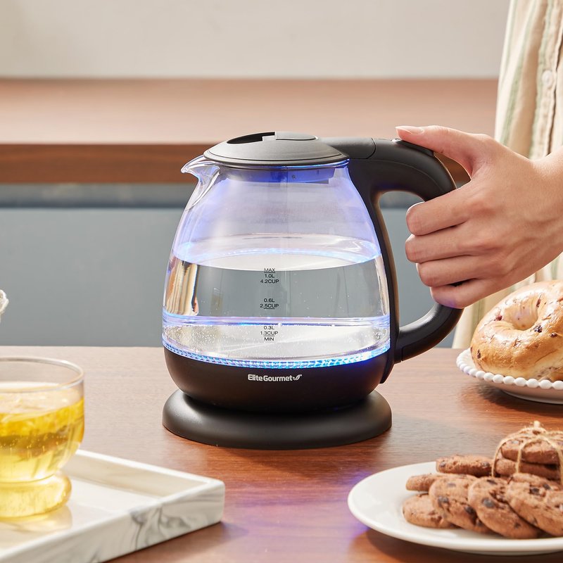 Elite Gourmet EKT1024 1L Electric Glass Tea Kettle, BPA-Free Hot Water Boiler with Blue LED, Fast Boil & Auto Shut-Off, Black