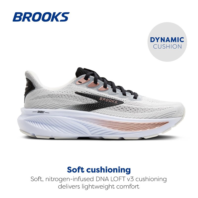 Brooks Women’s Ghost 17 Neutral Running Shoe - White/Black/Rose Gold - 9.5 Medium