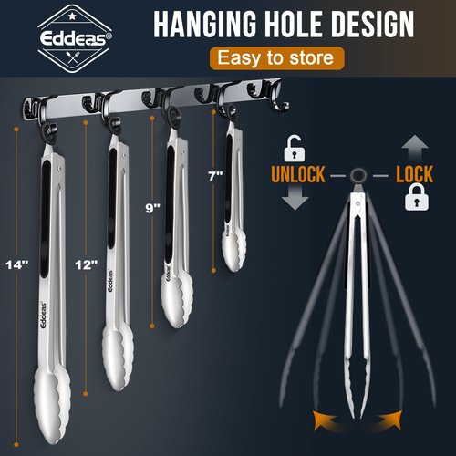 EDDEAS Grill Tongs - BBQ Tongs Heat Resistant 600 Degrees, Heavy Duty Metal, Perfect for Cooking, Grilling, Set of 4, 7",9",12" & 14 inch Black