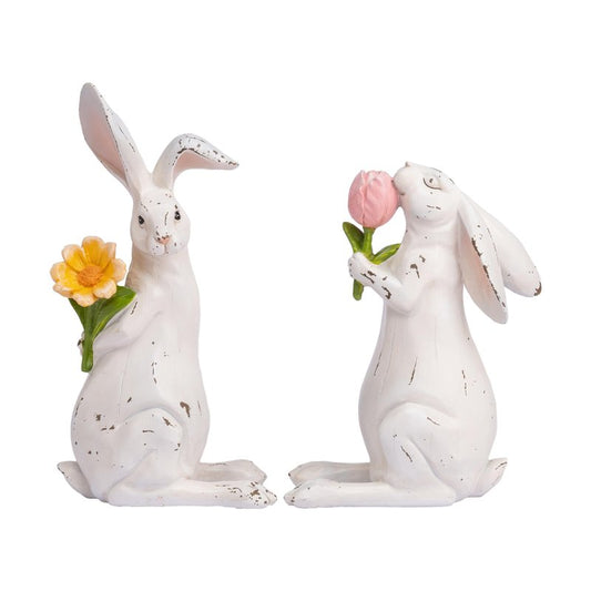 Valery Madelyn Easter Bunny Decorations for Home, Medium White Couple Rabbits Figurine Tabletop Decor, 2Pcs Cute Easter Gifts Resin Statues for Spring Holiday Indoor Party Table Centerpieces, 6"