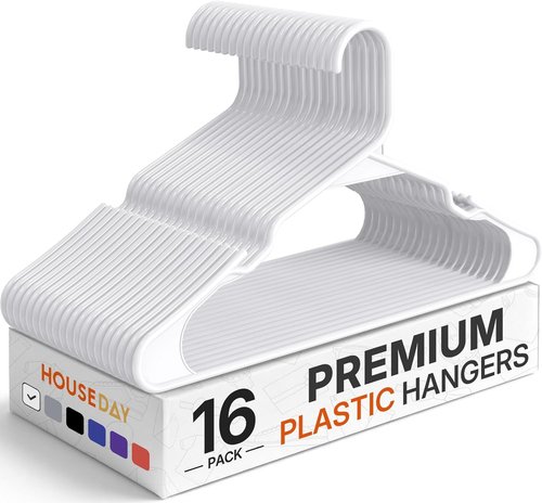 HOUSE DAY Plastic Hangers - 16 Pack White Adult Clothes Hangers | Space-Saving, Non-Slip & Durable Design