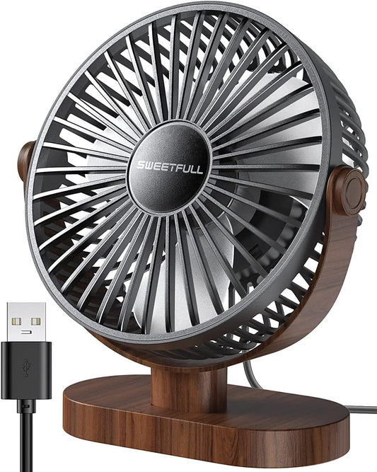 Sweetfull USB Small Desk Fan - 3-Speed Quiet Portable Mini Fan | 360° Adjustable for Home, Office & Travel - Black Wood Grain