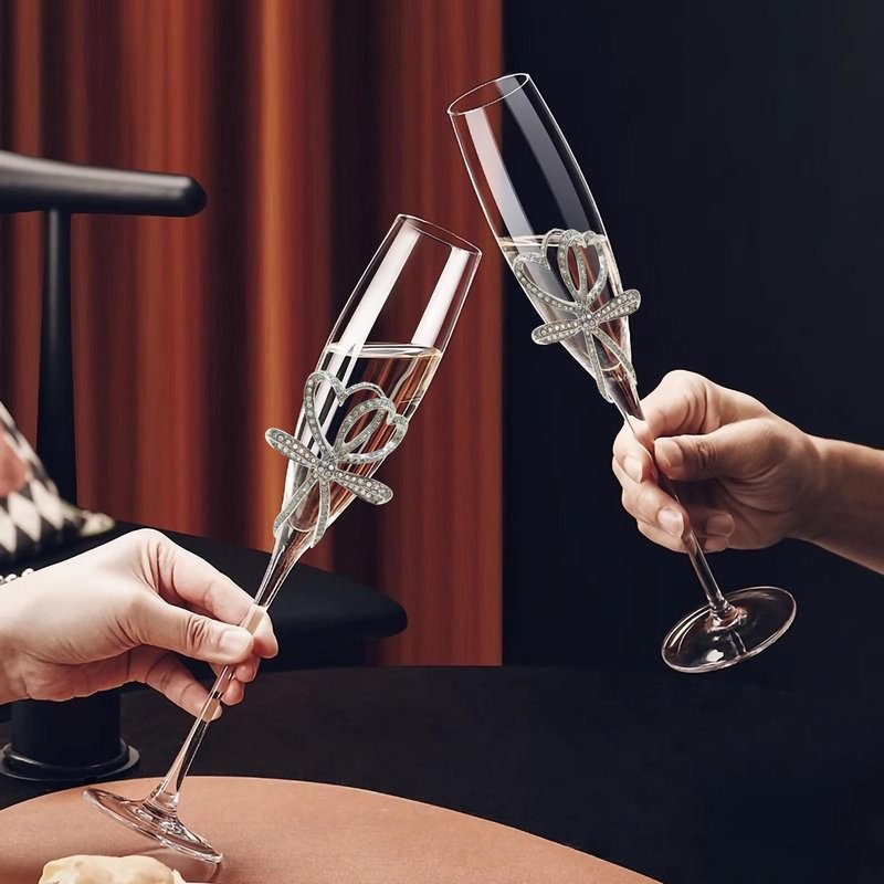 Jozen Gift Silver Champagne Flutes - Set of 2 Hand Blown Champagne Glasses wtih Metal Accent DOUBLE HEARTS- Gifts for Birthday,Wedding, Mother’s Day - 6 oz (Modern, Silver)