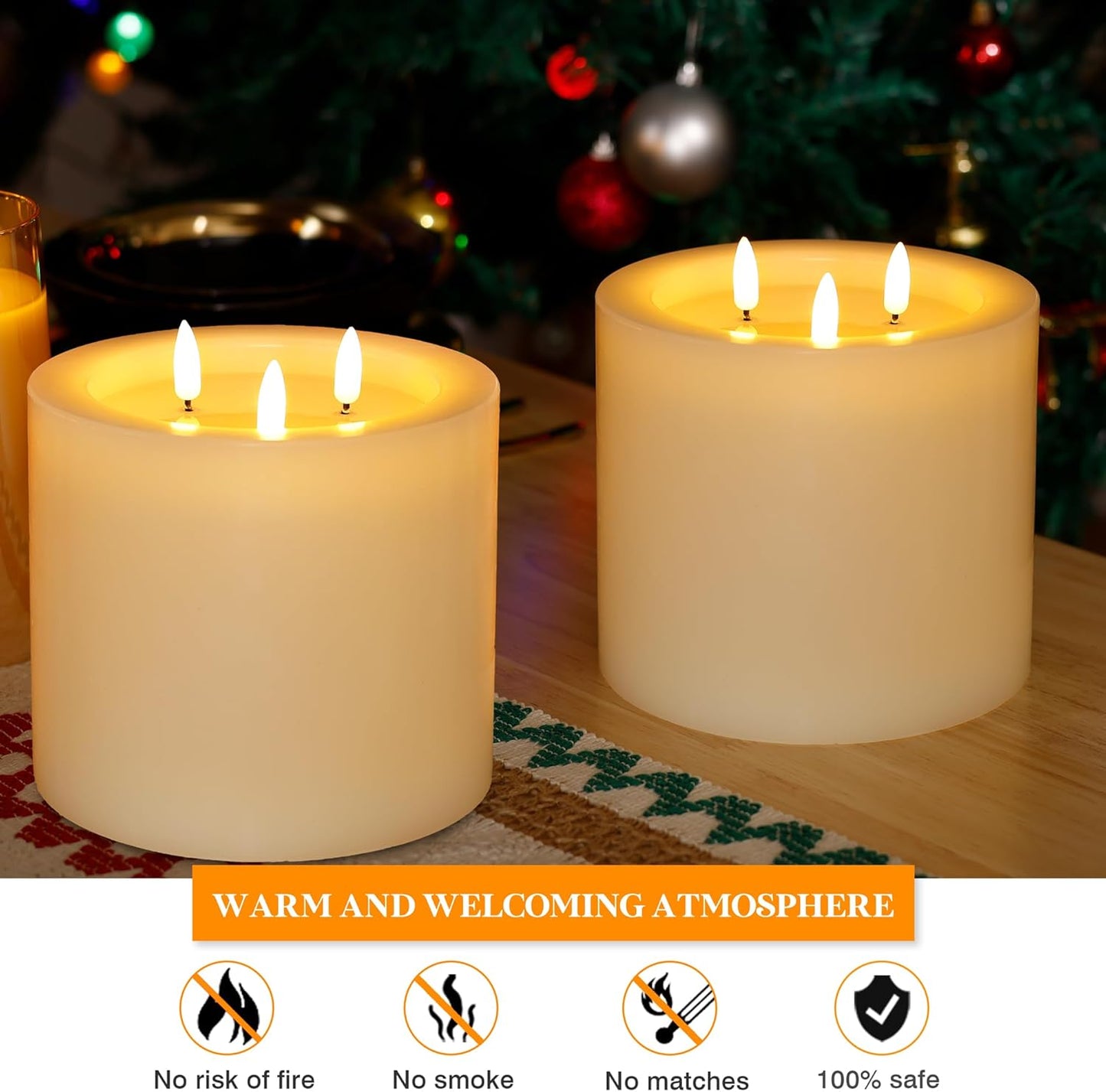 Skiennix Extra Large Flameless Candles - 3 Wicks, 6"x6" Real Wax, Battery Operated with Remote & Timer | Ivory Flickering LED for Home & Events