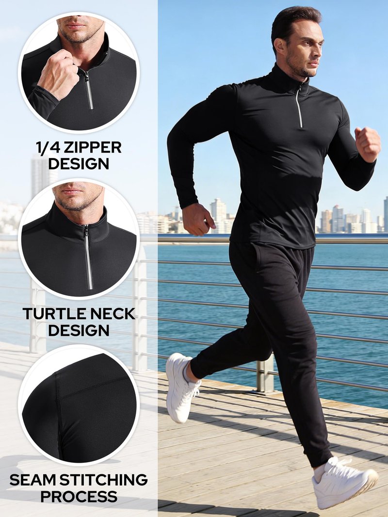 NELEUS Men's Compression Shirts 1/4 Zip Pullover Long Sleeved Running Shirts 3 Pack,5086,Black/Grey/White,L