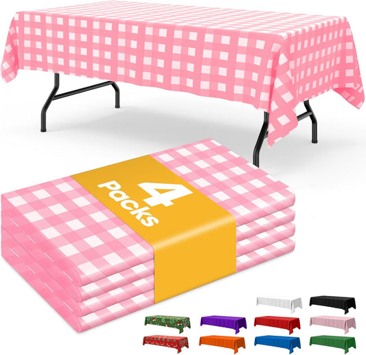 Niuara Pink Checkered Tablecloths - 4 Pack Disposable 54" × 108" Rectangle Covers for Parties & Events