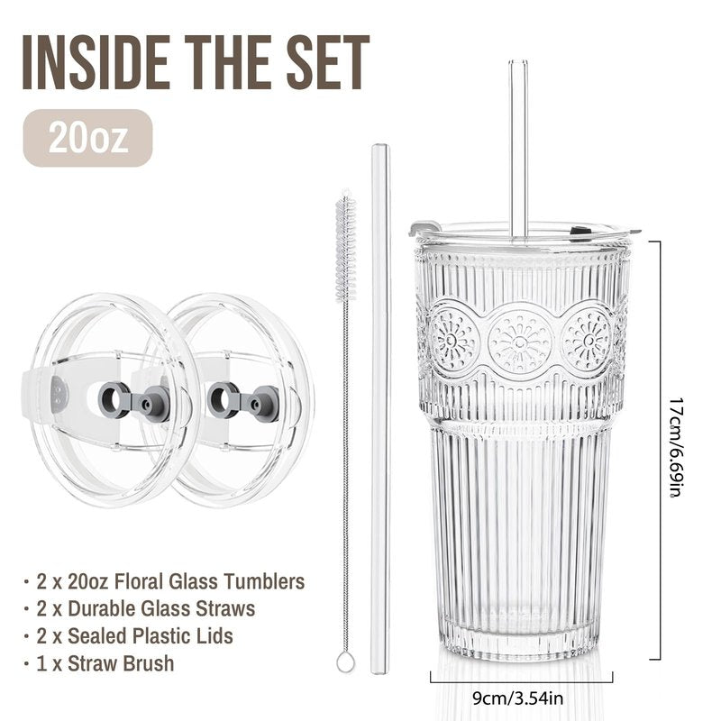 SoulTimes 20oz Ribbed & Floral Glass Tumbler Set of 2 – Reusable Glass Cups with Lid and Glass Straw, Iced Coffee Cups for Water, Smoothie, Milk, Cocktail & More – Perfect for Daily Use & Travel