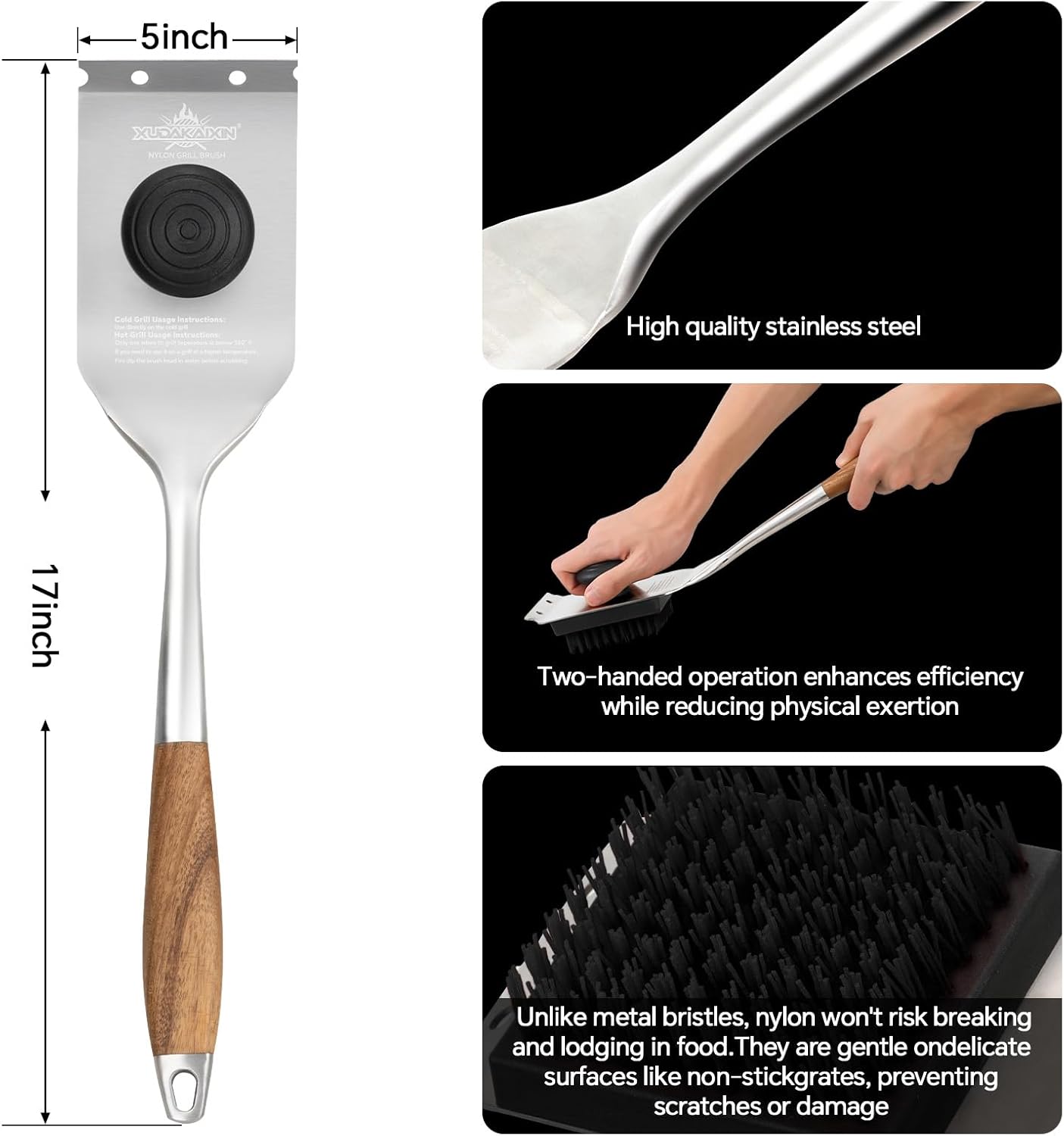 XUDAKAIXIN Nylon Grill Brush - Dual Grip Design with Luxurious Acacia Wood Handle | Safe for Cooled Grates (Black)