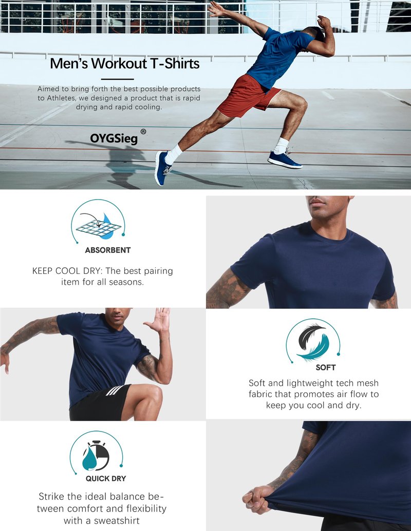 OYGSieg 5 Pack Mens Workout Shirts Quick Dry Short Sleeve Athletic Crew Neck T-Shirts for Running Gym Training Fitness 5A L