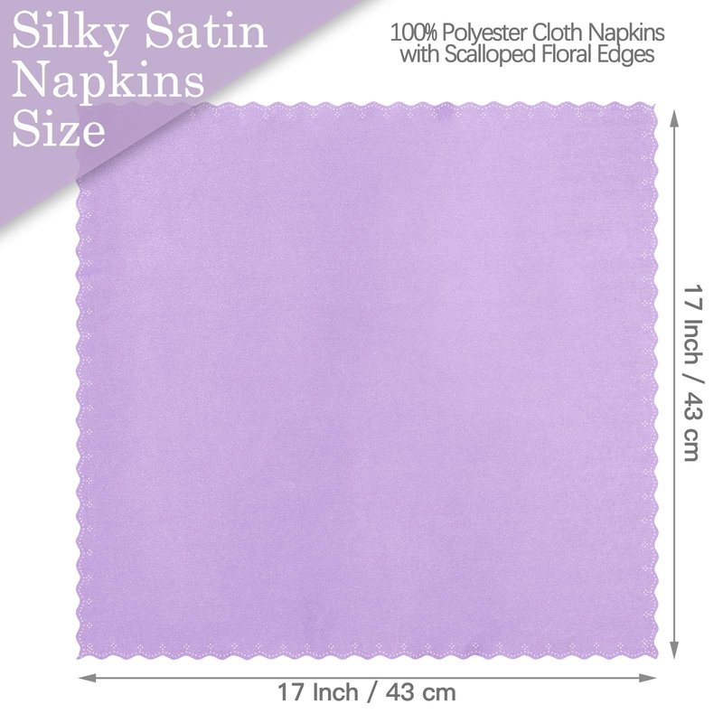 Homiest 12 Pack Light Purple Satin Dinner Napkins - 17x17 Inches, Scalloped, Silky Elegant Wedding & Party Napkins