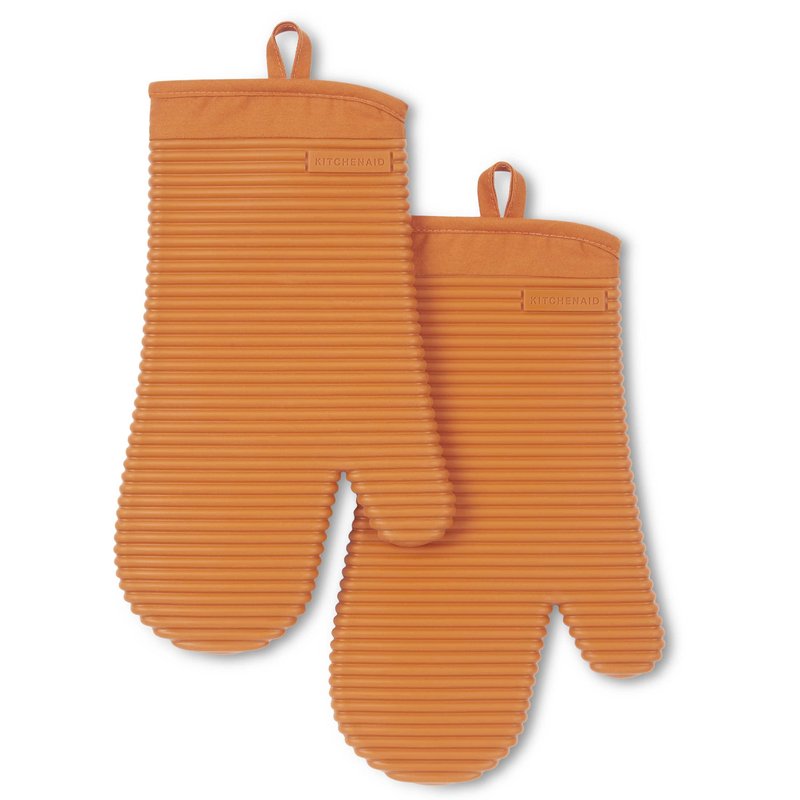 KITCHENAID Ribbed Soft Silicone Oven Mitt 2-Pack Set, 7.5"x13", Honey