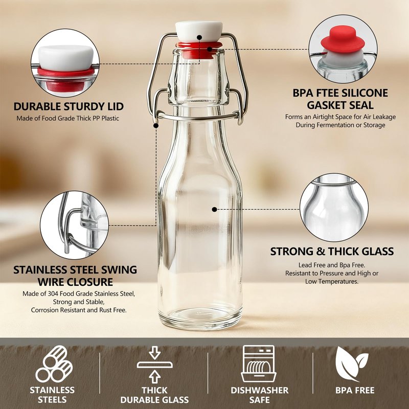 Ruckae 12 Pack 8.5oz Swing Top Glass Bottles with Lids Kombucha Coquito Flip Top Glass Bottle for Syrup Vanilla Extract Brew Beer Kefir Air Tight Bottles for Gift (8.5 oz 12 pack)