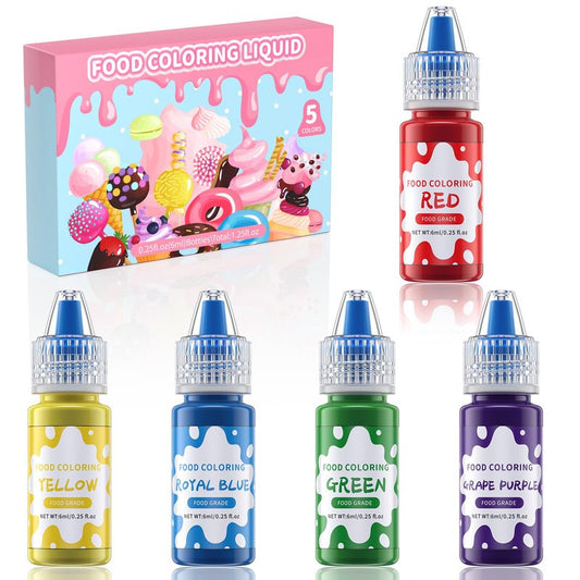 Food Coloring Liquid - 5 Food Grade Vibrant Colors Food Coloring Liquid Set, Food Dye Color for Baking, Icing, Cookie, Cake Decorating, Easter Egg, DIY Making Supplies Kit (0.25 Fl Oz (Pack of 5))