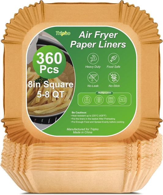 Skiennix 360 Pcs Heavy-Duty Air Fryer Paper Liners - Non-Stick & Leak-Proof 8” Square Parchment