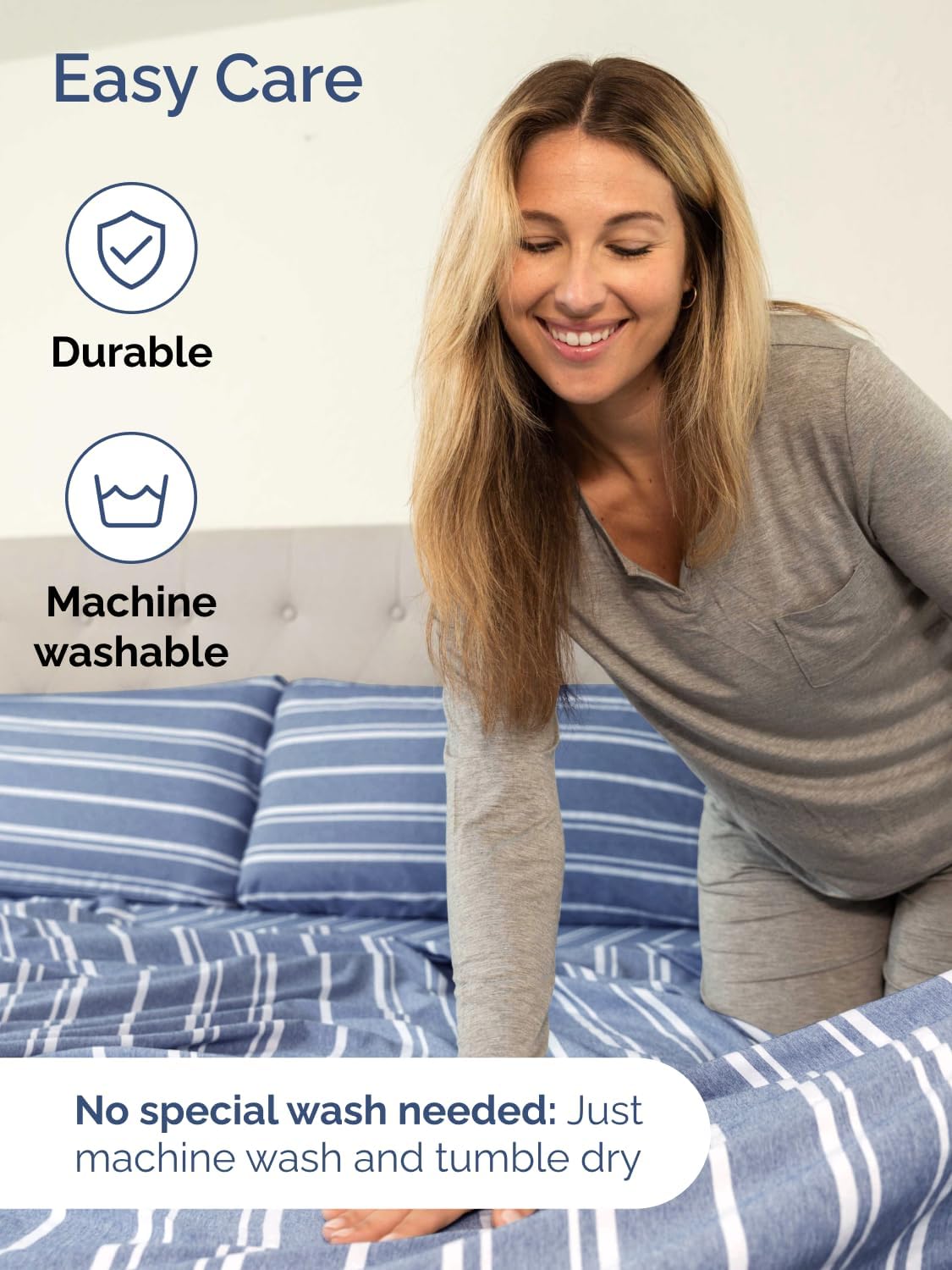 Skiennix Extra Deep Split King Sheet Set | 7-Piece Breathable Cooling Bedding - Soft, Wrinkle-Free Blue Stripes
