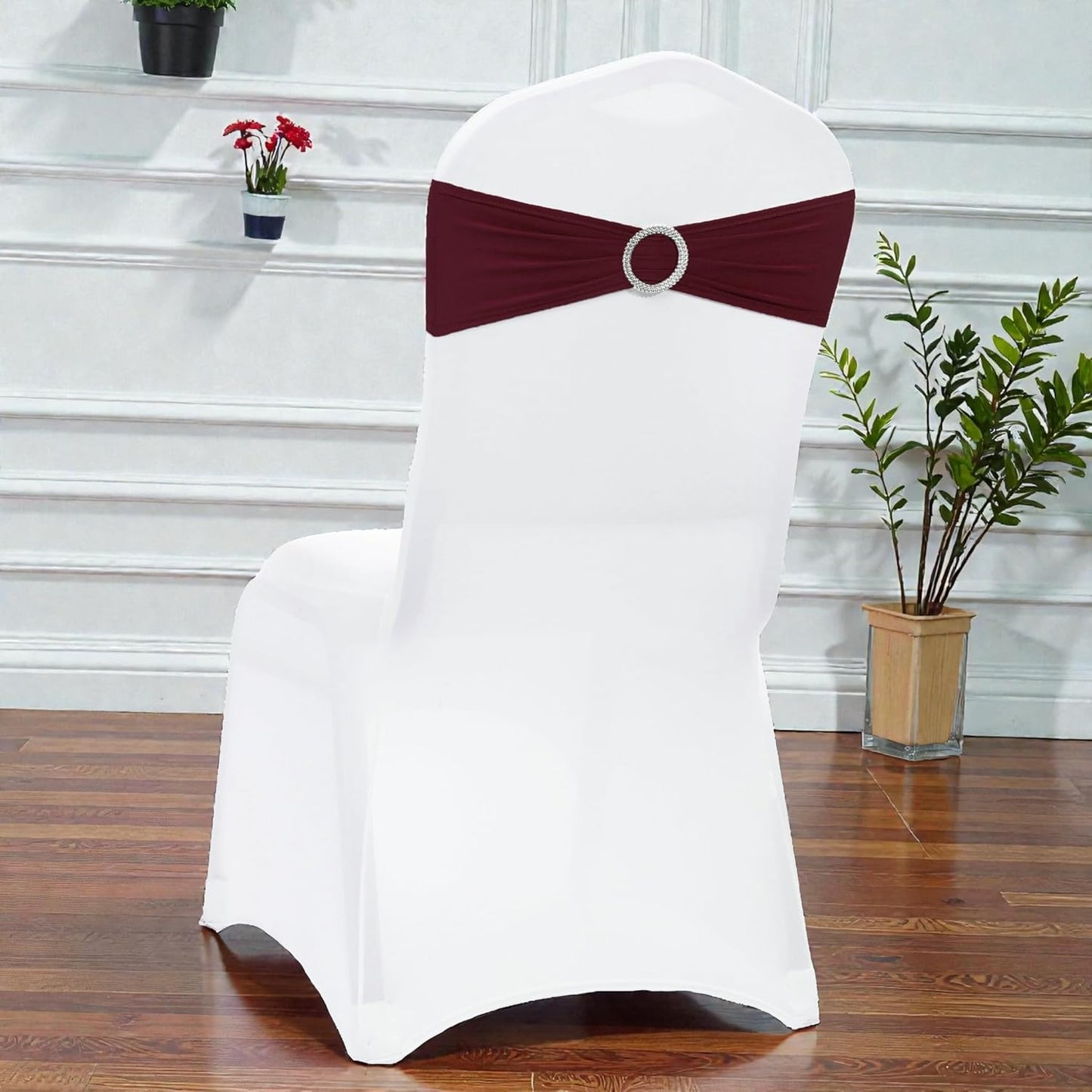 MDS Spandex Chair Sashes - Pack of 150 Elastic Stretch Bows with Buckle Slider for Wedding Decor - Burgundy