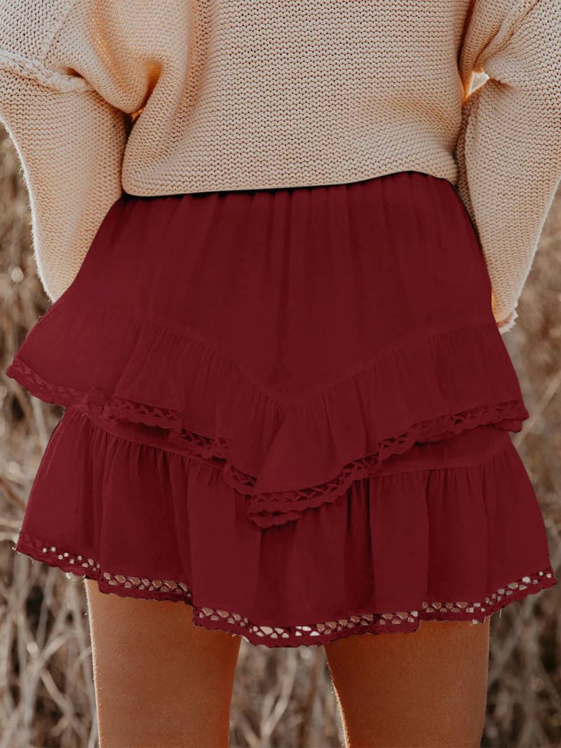 Aoudery Flowy Shorts for Women Casual Boho Ruffle Tiered Skorts High Waist Mini Skirts Golf Tennis Butterfly Crochet Shorts - Red M
