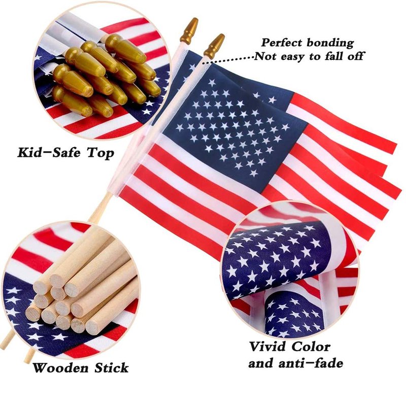 Small American Flags on Stick 5x8 Inch/12 Pack - Mini Ameirican Flags/Handheld American Wooden Stick Flag with Safe Spear Top for July 4th Decoration, Veteran Party, etc.