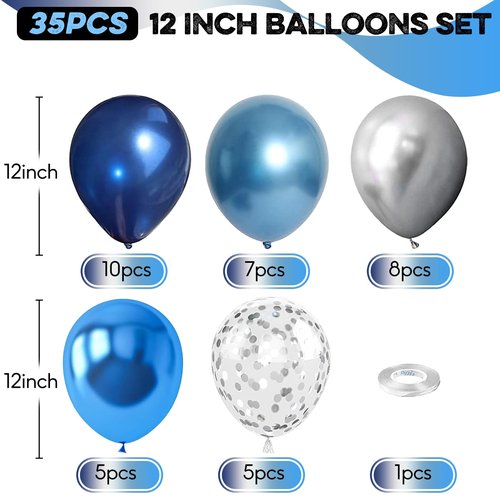 Blue Silver Balloons Set, 12 Inch Blue and Silver Balloons Dark Navy and Confetti Party Latex Balloon, Macaron Metallic Baby Blue Mixed Balloon for Birthday Graduation Baby Shower Wedding Retirement