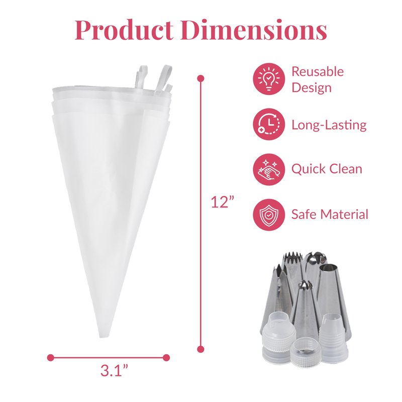 Prestee Reusable Piping Bags and Tips Set - 5 TPU 12-Inch Piping Bags with 5 Metal Icing Tips and 2 Couplers - Flexible and Durable Frosting Piping Kit for Cake Cupcake Cookie Decorating - Transparent