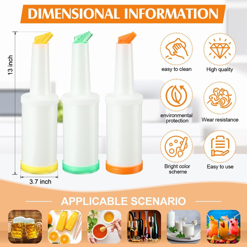 CHENGU 3 Pcs Bar Pour Colorful Juice Pouring Bottle Containers 34 oz Plastic Juice Dispensers for Bar Home Party Kitchen Supplies (Green,Yellow,Orange)