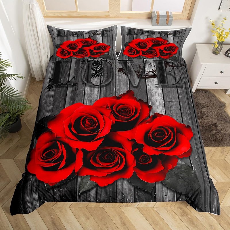 Erosebridal Red Rose Bedding Set King Red Black Valentine's Day Comforter Cover for Girls Women Men Couple,Romantic Floral Duvet Cover Rustic Farmhouse Bed Set with Zipper 2 Pillow Cases Grey