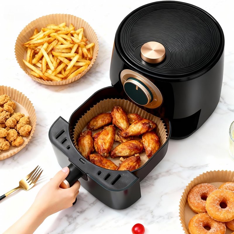 BYKITCHEN 300PCS Disposable Air Fryer Liners for Ninja AF141 5QT Pro AF181 6.5QT, Chefman 6 QT, Cosori 6QT &Other 5 to 8Qt Airfryer, 8 Inch Round Air Fryer Parchment Paper, Airfryer Basket Accessories