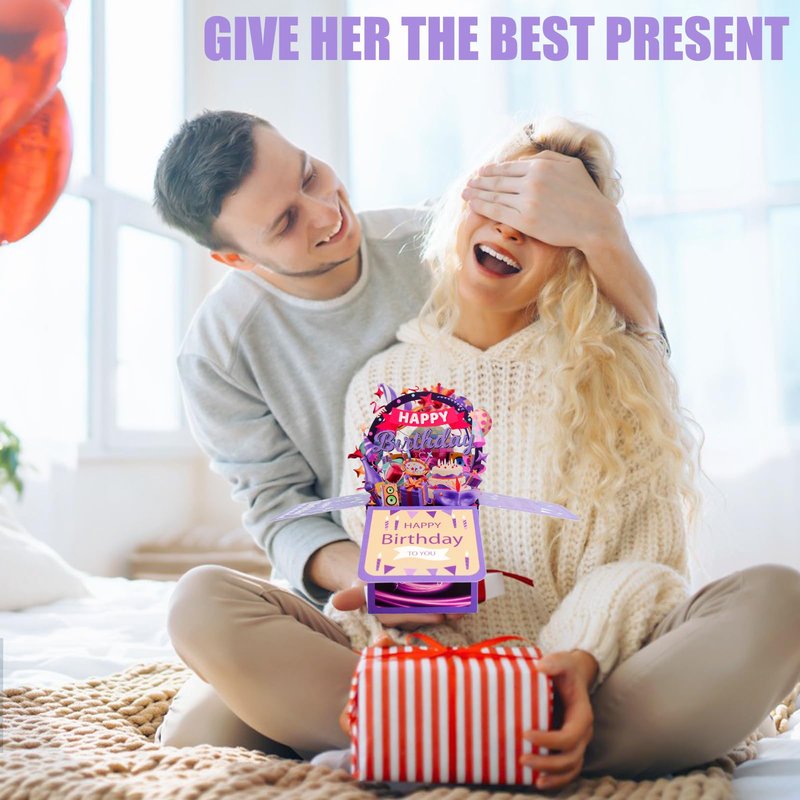 Surprise Pop Up Happy Birthday Cards, Lovely 3D Birthday Card for Adults and Kids with Envelopes, Unique Design Handmade Foldable Greeting Cards for Daughter, Son, Mom, Dad, Friend（Deep Purple）