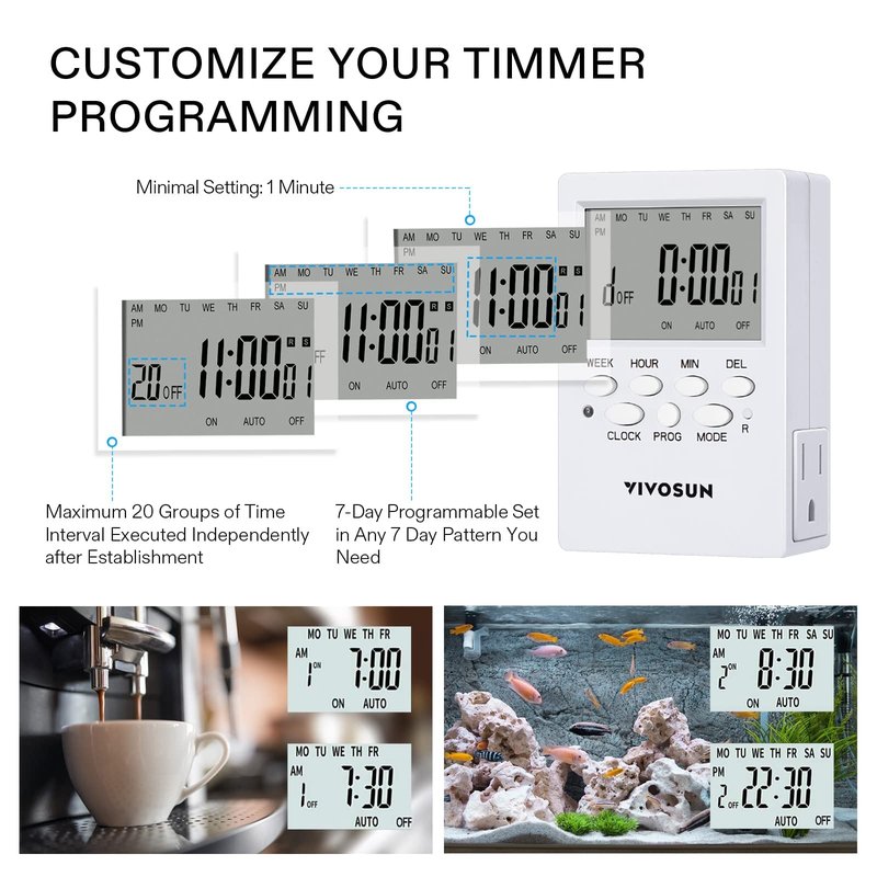 VIVOSUN Digital Timer Outlet 7 Day Programmable Digital Outlet Timer with 2 Independent Outlets 3 Prong, 20 on/Off Programs Groups, Countdown Setting, Indoor for Light Lamp, Fan（1Pack）