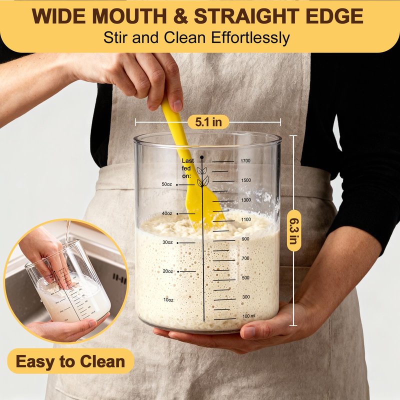 Sourdough Starter Jar, 50 oz Large Sourdough Jar with Time Keeper, Thermometer, Scraper, Wide Mouth Glass Sourdough Starter Kit for Beginners and Professional Bakers