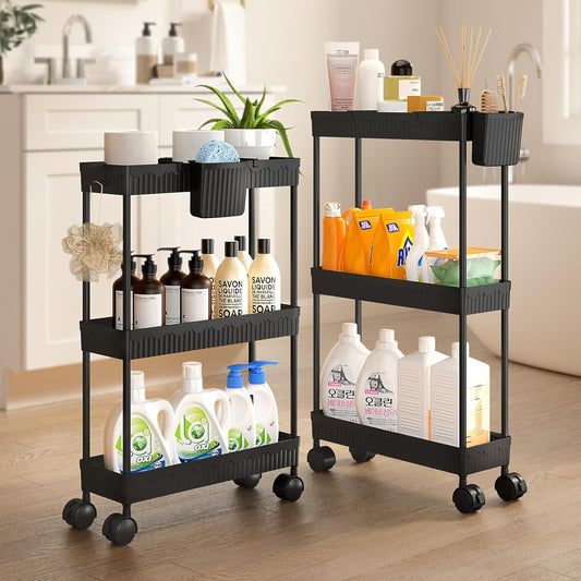 Sevenblue Slim Rolling Storage Cart - 3 Tier Utility Organizer with Wheels for Kitchen & Bathroom (Black)