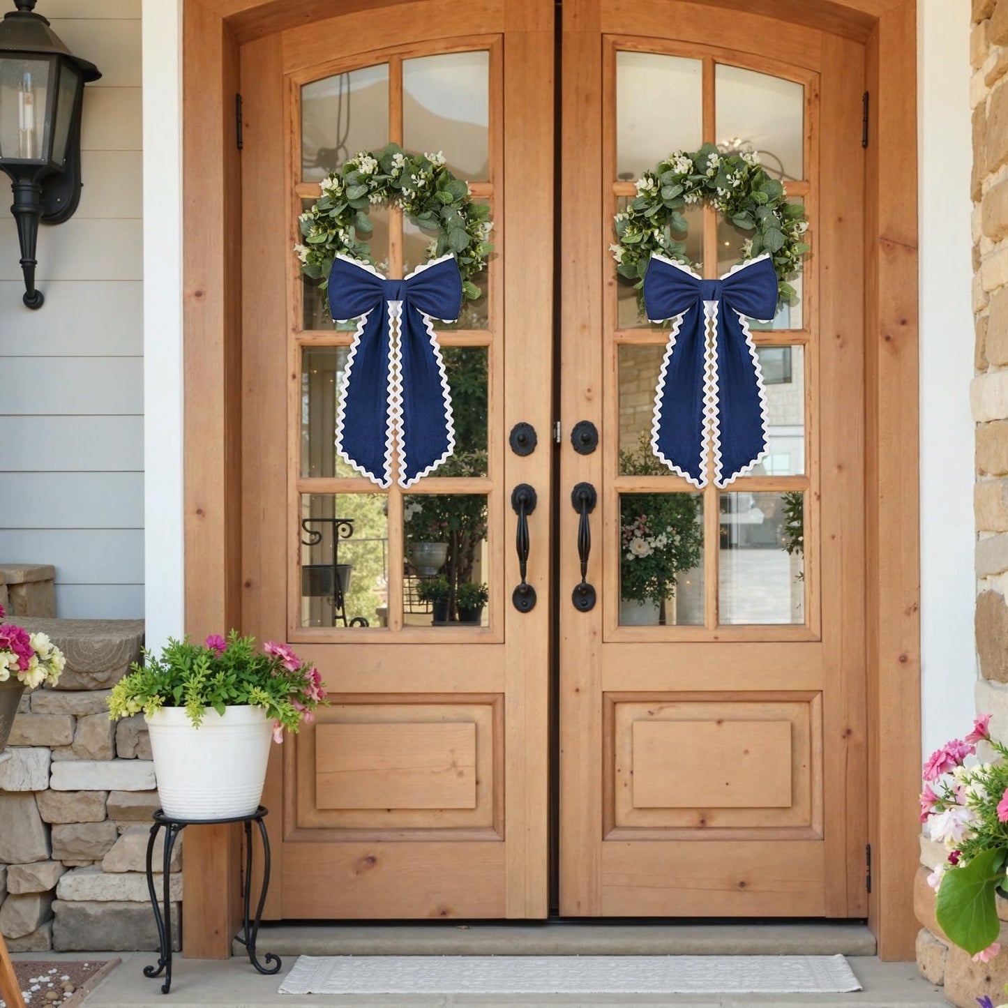 Skiennix Scalloped Wreath Sash - Ruffle Ribbon Bow for Front Door Decor | Navy and White, 2 Pcs
