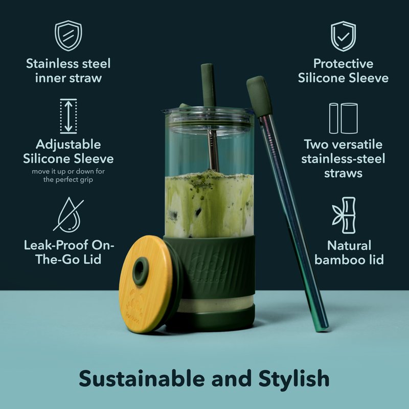 Pandaloo® Glass Cups With Lids and Straws -20 Fl Oz- Perfect Size Iced Coffee Cup - Smoothie Cup With Bamboo Lid and On the go Lid - (2 Count (Pack of 1), Black Saphir-Mediterranean Olive)