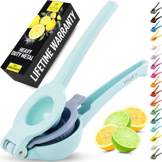 Zulay Kitchen 2-in-1 Lemon Squeezer - Sturdy Hand Juicer for Maximum Juice Extraction - Easy to Clean - Blue/Purple
