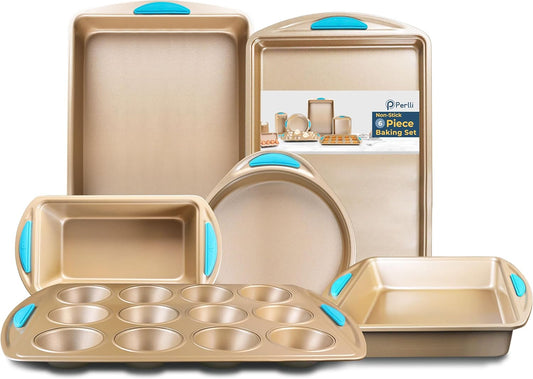 Perlli Baking Kit - Nonstick Gold Steel Oven Set with 6 Essential Bakeware Pieces | Round Cake Pan, Loaf Pan, Muffin Pan & More