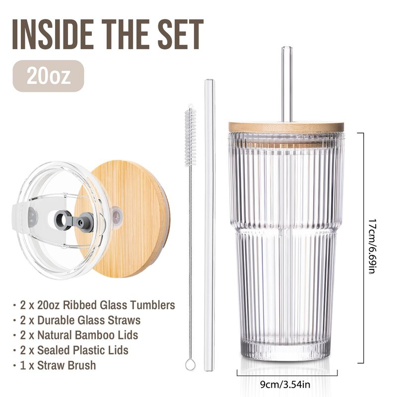 SoulTimes 20oz Glass Cups with Lids and Straws, Ribbed Glass Tumbler for Iced Coffee, Smoothie, Juice & Cold Drinks, Reusable Thick Glassware Set, Elegant Home & Travel Drinkware【2 Pack】