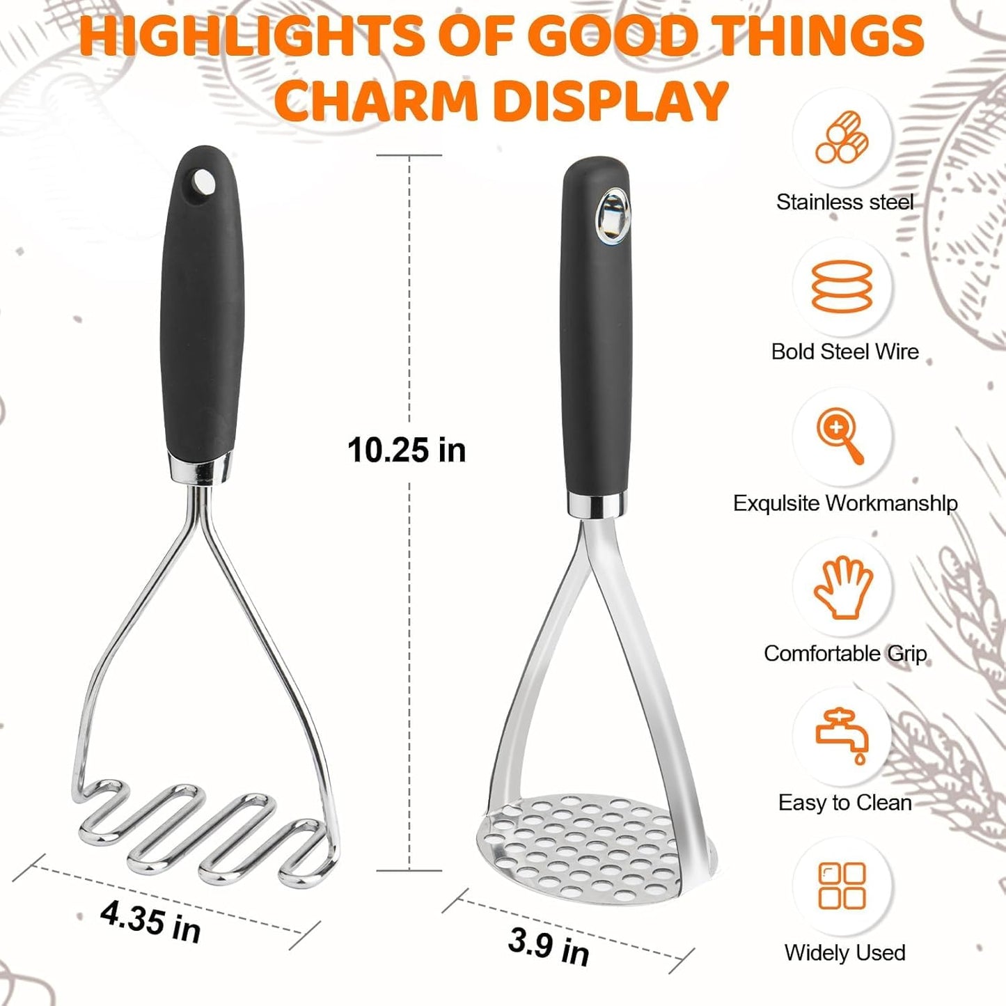 Regine Switzerland Potato Masher Set - 2-Piece 10.25-Inch Stainless Steel Kitchen Tool | Versatile for Vegetables & Fruits