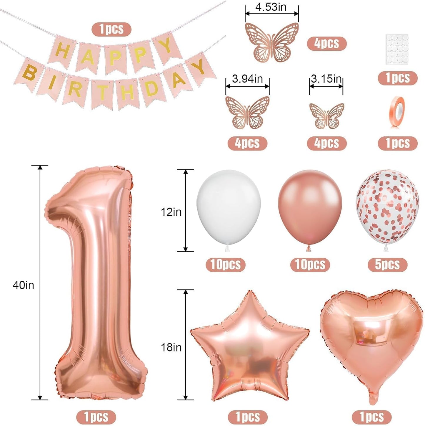 Regine Switzerland 1st Birthday Decoration - Rose Gold Balloon Set with Butterfly Stickers & Foil Balloons