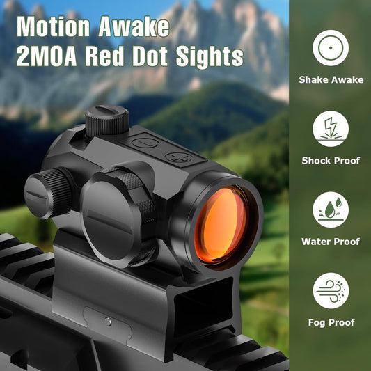 Motion Awake Red Dot Sight 1x20mm 2 MOA Red Dot Optics 10 Level Brightness Rifle Scope Reticle Sights with Co-Witness Riser and Low-Profile, Fits 20mm Rail Mount, IPX7 Waterproof, 1000G Shockproof