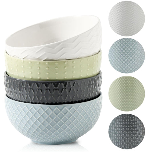 HASENSE Ceramic Cereal Bowls Set of 4, 26 OZ Soup Bowls, Embossed Stoneware Porcelain Bowls for Cereal, Soup, Oatmeal, Salad, Noodles & Rice, Microwave & Dishwasher Safe, Multi-Color